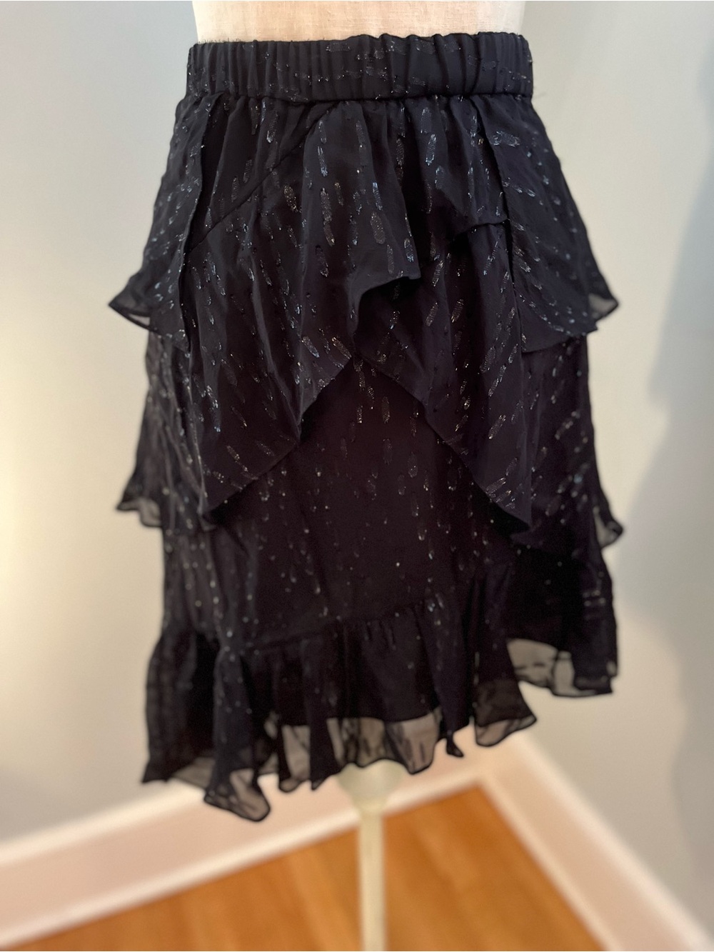 IRO Black Silk Tiered Ruffle Skirt with Silver Accent